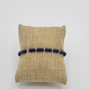 Modern 14k Yellow Gold Beaded Lapis Strech Round Bracelet